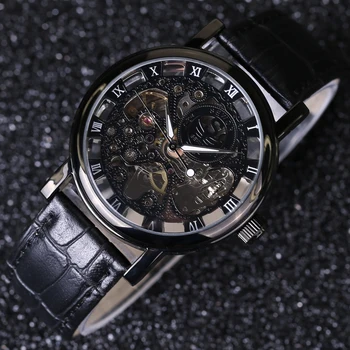 SEWOR Negru Ceas Barbati Relogios Schelet Mens Ceasuri de Top de Brand de Lux Montre Ceas de mână din Piele Bărbați Ceas Mecanic