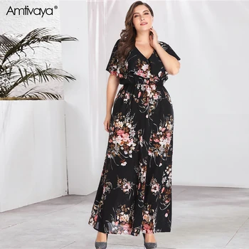Amtivaya Primăvară-Vară 2020 Femei Maxi Rochie V-Neck Short Sleeve Floral Rochie Lunga Boem Plus Dimensiune Talie Elastic Elegant Nou