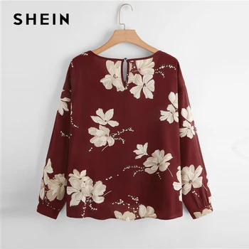 SHEIN Plus Dimensiune Maro Floral Print Keyhole Spate Bluza Femei de Primăvară Picătură de Umăr Gât Topuri si Bluze Casual