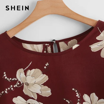 SHEIN Plus Dimensiune Maro Floral Print Keyhole Spate Bluza Femei de Primăvară Picătură de Umăr Gât Topuri si Bluze Casual