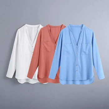 2020 Toamna Femei Vintage Albastru Alb Lenjerie De Pat Din Bumbac Topuri Si Bluze Supradimensionate Casual Vrac Solid Shirt Doamnelor Blusas Chemisier