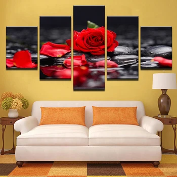 Tablouri Canvas Decor Perete Living Art 5 Bucati Red Rose Flori Imagini Modular Printuri De Piatră Petală Poster Cadru