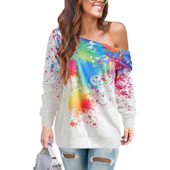 2019 Designer de Moda T-shirt Plus de Femei cu Maneca Lunga Casual Ladies Liber pe Un Umăr Topuri Pulover Spray cu Vopsea de sex Feminin Tricou