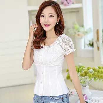 Dantela grila de sex feminin xia Fan Han cu mânecă scurtă cămașă albă