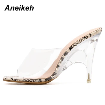 Aneikeh 2019 Concis PVC Sandale Serpentine Transparent Rotund Toe Tocuri Subtiri de Mare de Femei Papuci de casa Pantofi cu Toc Sandale Clare 35-42