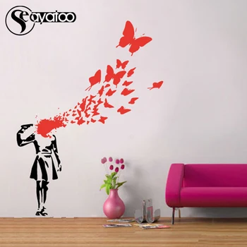 Banksy Fata Sinucidere Omor Fluture Sânge Arta de Perete Autocolant Decal Dormitor Decor Acasă 80x106cm
