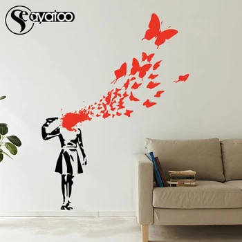 Banksy Fata Sinucidere Omor Fluture Sânge Arta de Perete Autocolant Decal Dormitor Decor Acasă 80x106cm