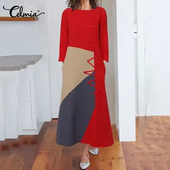 Celmia Femei Mozaic Maxi Rochie Caftan De Epocă Munca De Birou Vestidos 2021 Toamna De Moda Casual, Cu Maneci Lungi Rochii De Partid Halat
