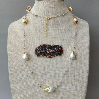 Alb de apă dulce Keshi Perla de culoare de Aur Placate cu Lanț Lung Colier Lanț Pulover Colier feminin Collares Declarație de Bijuterii