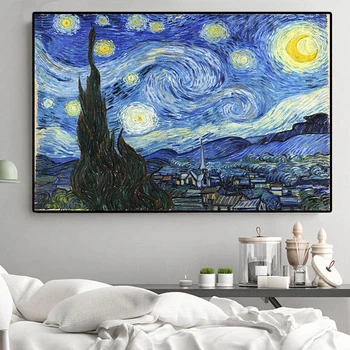 Impresionist Van Gogh, Noapte Înstelată Pictură în Ulei Reproducerea pe Panza, Postere si Printuri de Arta de Perete de Imagine pentru Camera de zi