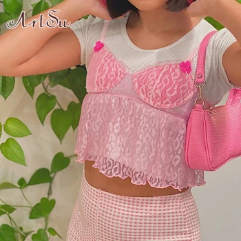 ArtSu Roz Mesh Transparent Y2K Crop Top pentru Femei de Vară Volane de Dantelă fără Mâneci Cami Topuri Tee Sexy Mulgătoare de Sus Streetwear VE52442