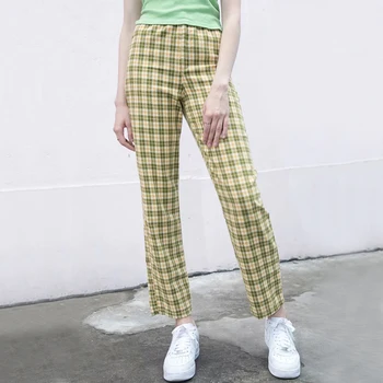 Femeile Înalte Elastic Talie Verificat Pantaloni Drepte În Verde