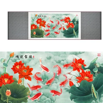 Pește pictură pictură pe Mătase de artă tradițională Chineză pictura pește și flori pictura