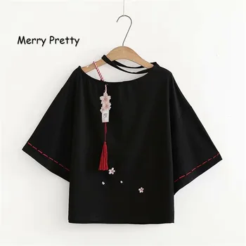 Merry Destul de Japonia Stil amuzant tricou femei broderii florale de pe umăr asymmertric t-shirt bumbac dulce negru t-shirt fete