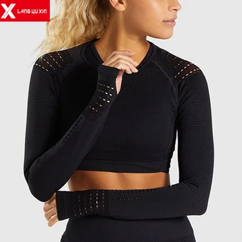 2020 Nou de Fitness pentru Femei T-Shirt Sport Crop Top cu Maneci Lungi Strat Echipajul Gât Power Stretch Yoga Crop Top Sexy Sport Îmbrăcăminte