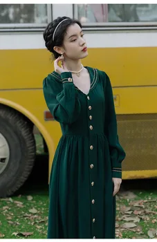 Coreeană Stil Elegant Rochie Lunga Pentru Slim Lady Vintage Sailor Guler Cu Maneci Lungi Rochii Midi Kleid Vestiti Donna Halat De Femme
