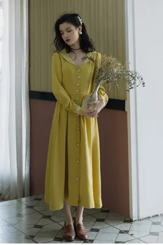Coreeană Stil Elegant Rochie Lunga Pentru Slim Lady Vintage Sailor Guler Cu Maneci Lungi Rochii Midi Kleid Vestiti Donna Halat De Femme