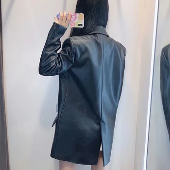 Noi Mantou pentru Femei solid negru PU butonul de buzunar maneca lunga V-Neck Haine de moda de sex feminin casual femei haine