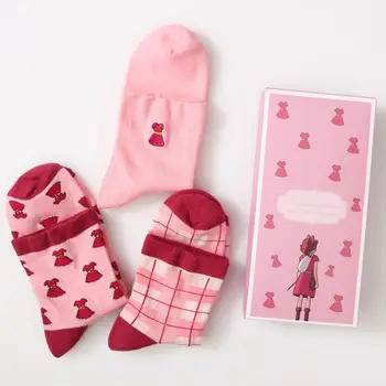 3 Perechi Brodate din Bumbac Șosete Crăciun cu o Cutie-Cadou Japoneză coreeană Stil Roz Șosete Drăguț Amuzant Calcetines Mujer 117