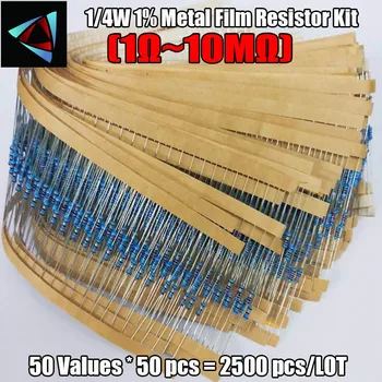 2500pcs 1/4W1% 50 Valori 1R~10M Ohm Metal Film Rezistor Asortate Kit 50pcs Fiecare valoare