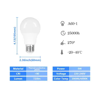 Bec LED A60 9W 6pcs/lot de Înaltă Luminozitate E27 B22 Lampada 220V-240V 6000K 3000K bombilla