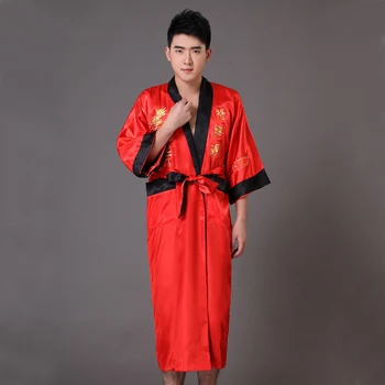 Reversibila Negru Rosu Bărbați Chinez Satin Halat de Tradiție Broderie Dragon Sleepwear Kimono-Halat de Baie S M L XL XXL XXXL MP043