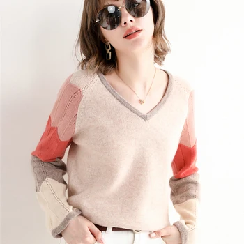 Femei de moda casual pulover amestec elegant de culoare mâneci lungi tricotate naturale reale lână pulover
