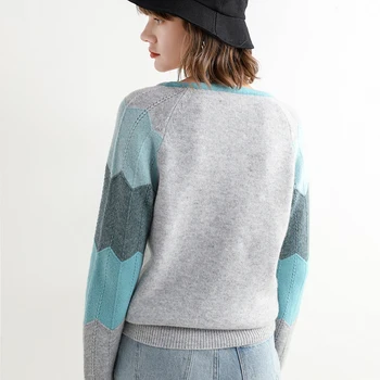 Femei de moda casual pulover amestec elegant de culoare mâneci lungi tricotate naturale reale lână pulover