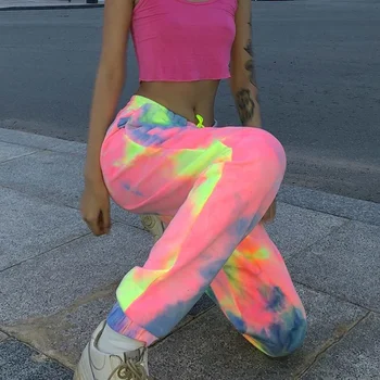 Neon tie dye joggeri înaltă talie pantaloni largi lungi femei pantaloni de trening pantaloni largi 2019 toamna iarna haine streetwear