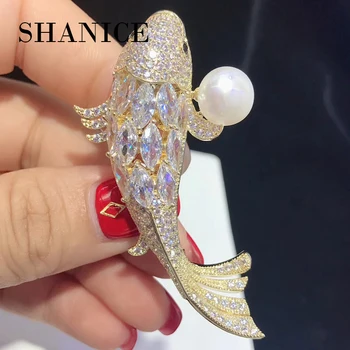 SHANICE de Lux Pește de Aur Plin de Cristal Cubic Zirconia Broșe Trendy Planta perla brosa Mare pini Hiperbola Etnice