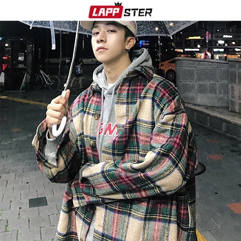 LAPPSTER Bărbați Streetwear Carouri Lână Coats 2020 Mens Harajuku Vintage Stil coreean Jachete Paltoane de sex Masculin Hip Hop Jachete Hanorac
