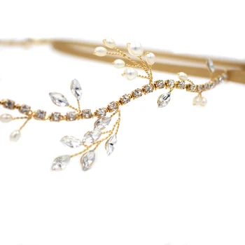 SLBRIDAL Manual Panglică Stras de Cristal, Perle Naturale de Frunze de Nunta Tiara cu Bandă de susținere Caciulita Mireasa accesorii de Par pentru Femei