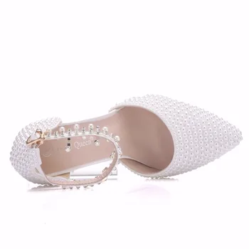 Cristal Regina A Subliniat Toe White Pearl Stras Lanț De Nunta Pantofi Cu Tocuri Subtiri Pantofi De Moda De Pantofi De Mireasa De Partid Femei Sandale