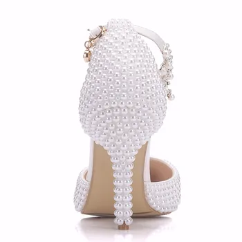 Cristal Regina A Subliniat Toe White Pearl Stras Lanț De Nunta Pantofi Cu Tocuri Subtiri Pantofi De Moda De Pantofi De Mireasa De Partid Femei Sandale