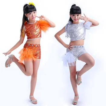 Argintiu portocaliu Sequin Jazz Costume de Dans Pentru Fete Hip Hop Copii spectacol de Dans Modern Dans Fata de Scena pentru dans