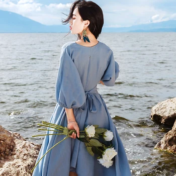 2020 Nou Brand de Moda pentru Femei Rochie V-gât Bubble Sleeve Talie Mare Neregulate Rochie Eleganta Mijlocul Rochie Office Rochie Doamnă Vestidos