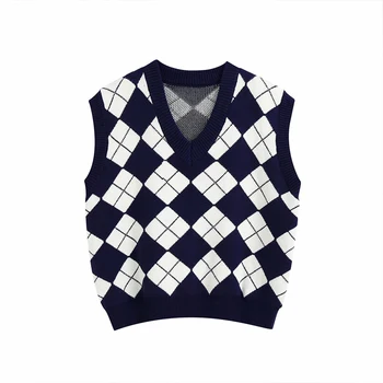 Toamna Noua Culoare-Blocarea Carouri Retro Pulover tricotat pentru Femei V-neck Slim de Slabit Vestă Vestă Și Colegiul Stil Pulover