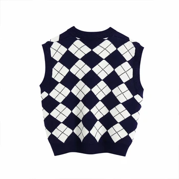 Toamna Noua Culoare-Blocarea Carouri Retro Pulover tricotat pentru Femei V-neck Slim de Slabit Vestă Vestă Și Colegiul Stil Pulover