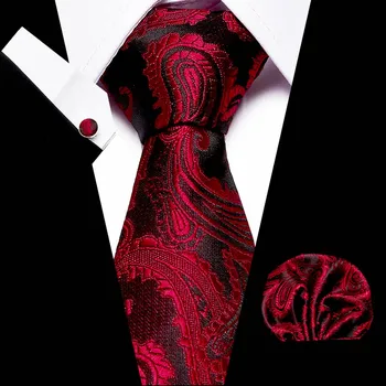Mens Legături de Vin Roșu Paisley Floral Jacquard Mătase Cravata Batista Butoni Set Oameni de Afaceri Cadou Cravate Pentru Bărbați Transport Gratuit