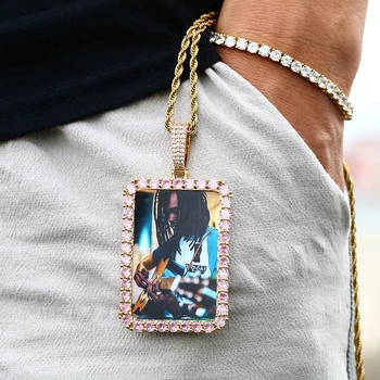Piața De Memorie Medalioane Roz Zircon Moda Pandantiv Personalizat Foto Pandantiv Colier Femei Hip Hop Bijuterii Personalizate Gravate Numele