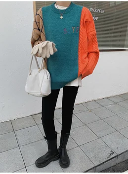Tricotat Pulover Supradimensionat Îmbinat stil coreean Vrac Fit Maneca Lunga Femei Pulovere Gât Rotund Noua Moda Valul de Toamna Iarna