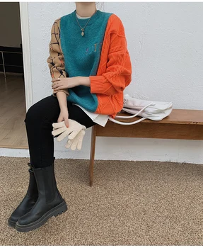 Tricotat Pulover Supradimensionat Îmbinat stil coreean Vrac Fit Maneca Lunga Femei Pulovere Gât Rotund Noua Moda Valul de Toamna Iarna