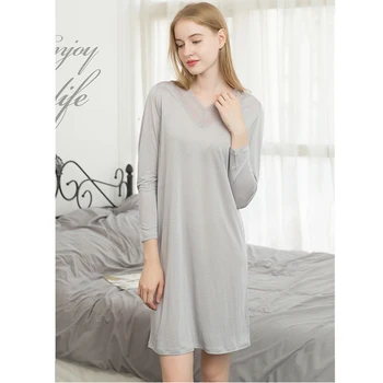 Nou solid silk tricotat cămașă de noapte pentru femei mâneci lungi mediu lungime rochie de noapte lace v-neck loose halat de sex feminin