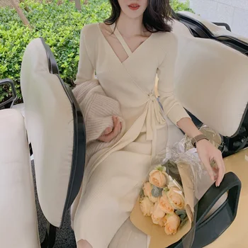 2020 Nou Coreean Sexy V-Neck Rochie Tricot De Toamna Retro-O Bucată De Lady Slim Bodycon Rochii Pulover Rochie De Toamna Iarna Halat Vestido
