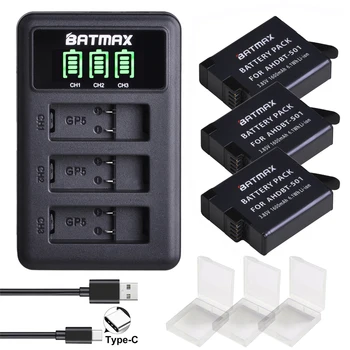Batmax 3Pcs Baterie pentru GoPro Hero 7 Hero 6 Hero 5 Negru de Camere (1600mAh) + LED 3Slots USB Încărcător cu Port de Tip C