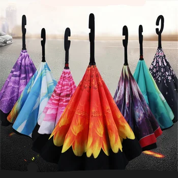 Strat dublu Anti UV Auto Stand Parapluie Colorate Windproof Inversă Pliere Umbrela Om Femeile Soare Ploaie Masina Inversat Umbrele