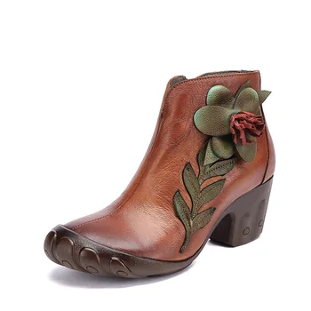Johnature Platforma Cizme 2020 Nouă Primăvară Femei Pantofi Din Piele Rotund Toe Floral Cusut Retro De Agrement, Manual Glezna Cizme