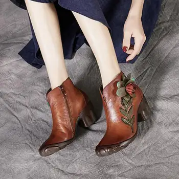 Johnature Platforma Cizme 2020 Nouă Primăvară Femei Pantofi Din Piele Rotund Toe Floral Cusut Retro De Agrement, Manual Glezna Cizme