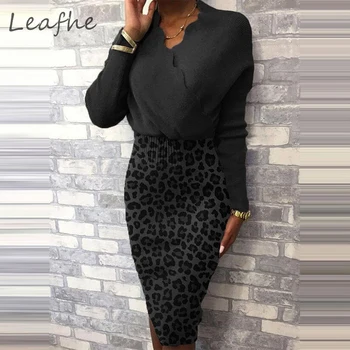 2021 Elegant Leopard de Imprimare Patchwork Rochie de Toamna-Iarna cu Maneca Lunga Cald tricotate Rochie Casual pentru Femei V-Neck Slim Wrap Rochie de Petrecere