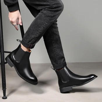 Noua Moda Vintage Barbati Pantofi Casual Toamna Iarna Pluș Cald Munca Glezna Cizme Din Piele A Subliniat Deget De La Picior Negru Chelsea Cizme